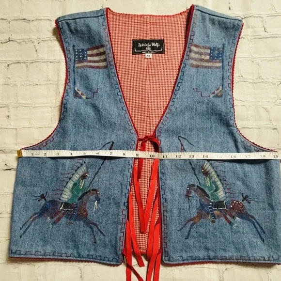 Patricia Wolf handpainted Americana denim vest indian ponies USA flag RTL $495 M - Picture 6 of 10